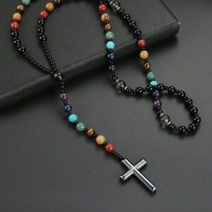 Multicolor Beaded Rosary Necklace with Cross Pendant